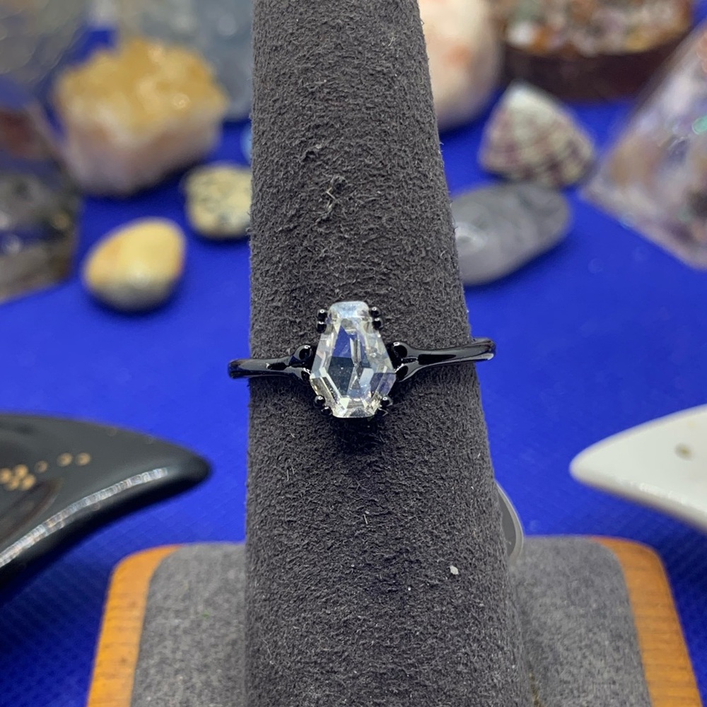 Fragrant Jewels Swarovski Crystal Coffin Shaped Ring, Black Rhodium, NWT, Size 7